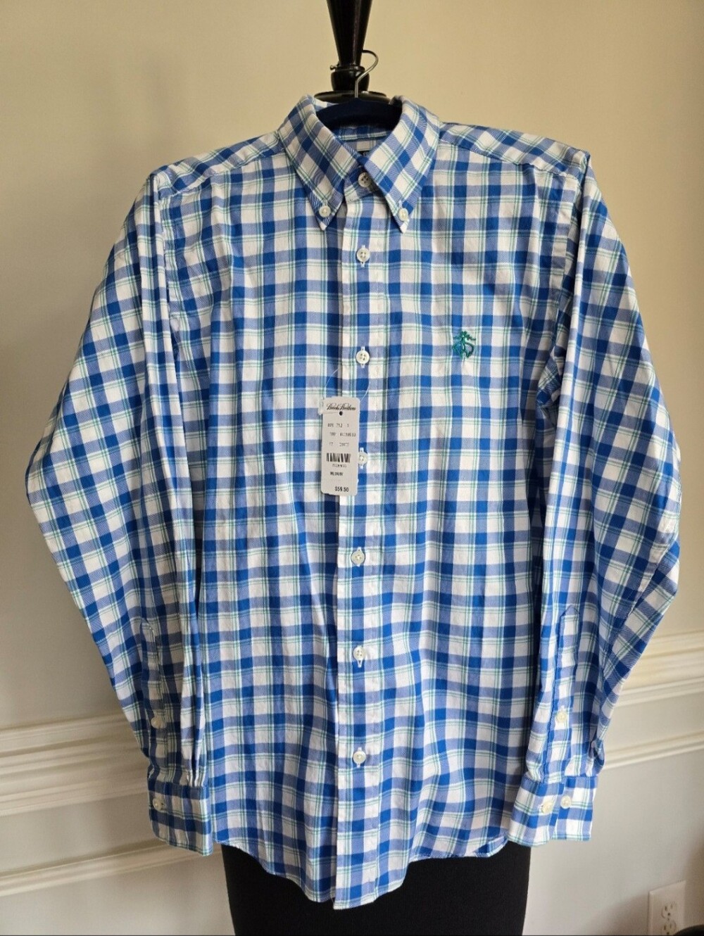 Brooks Brothers Boy's Blue, White and Green Plaid Button-Down Shirt Size M